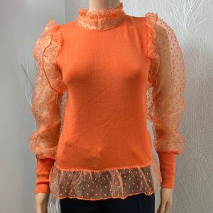 Pull orange manches transparentes broderie Papillonne