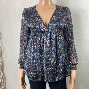 Blouse bleu marine motifs fleuris col V Les Petites Fleurs