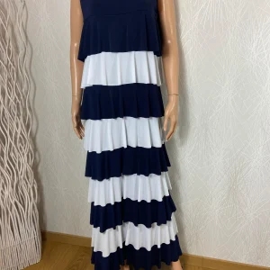 Robe longue bleu marine et blanc volants bretelles Edmond Boublil