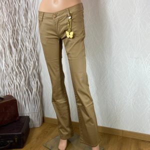 Pantalon coton enduit couleur camel taille normale jambes évasées Just One