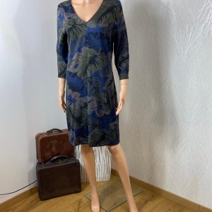 Robe vert kaki et bleu marine encolure V manches 3/4 coupe droite Le Singe De Julie