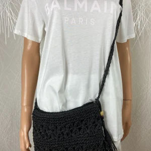 Sac à bandoulière pour femme en raphia noir doublé