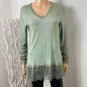 T-shirt dentelle manches longues col V vert kaki - Taille Unique