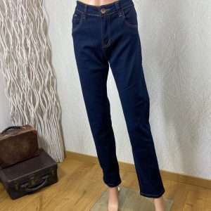 Jeans femme denim bleu foncé couture constrastée taille mi-haute Leggendario