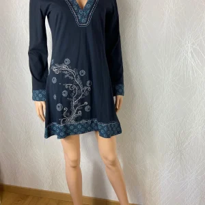 Robe en coton noir manches longues motifs col V Aller Simplement