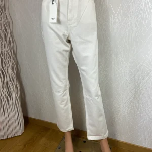 Pantalon coton denim blanc taille haute coupe droite modèle Jonas Argile Lab Dip