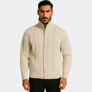 Riche | Cardigan rétro homme en maille – carreaux prismatiques à revers