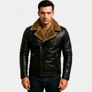 Riche | Veste en cuir homme vintage doublée polaire – zip oblique, chaleur hivernale
