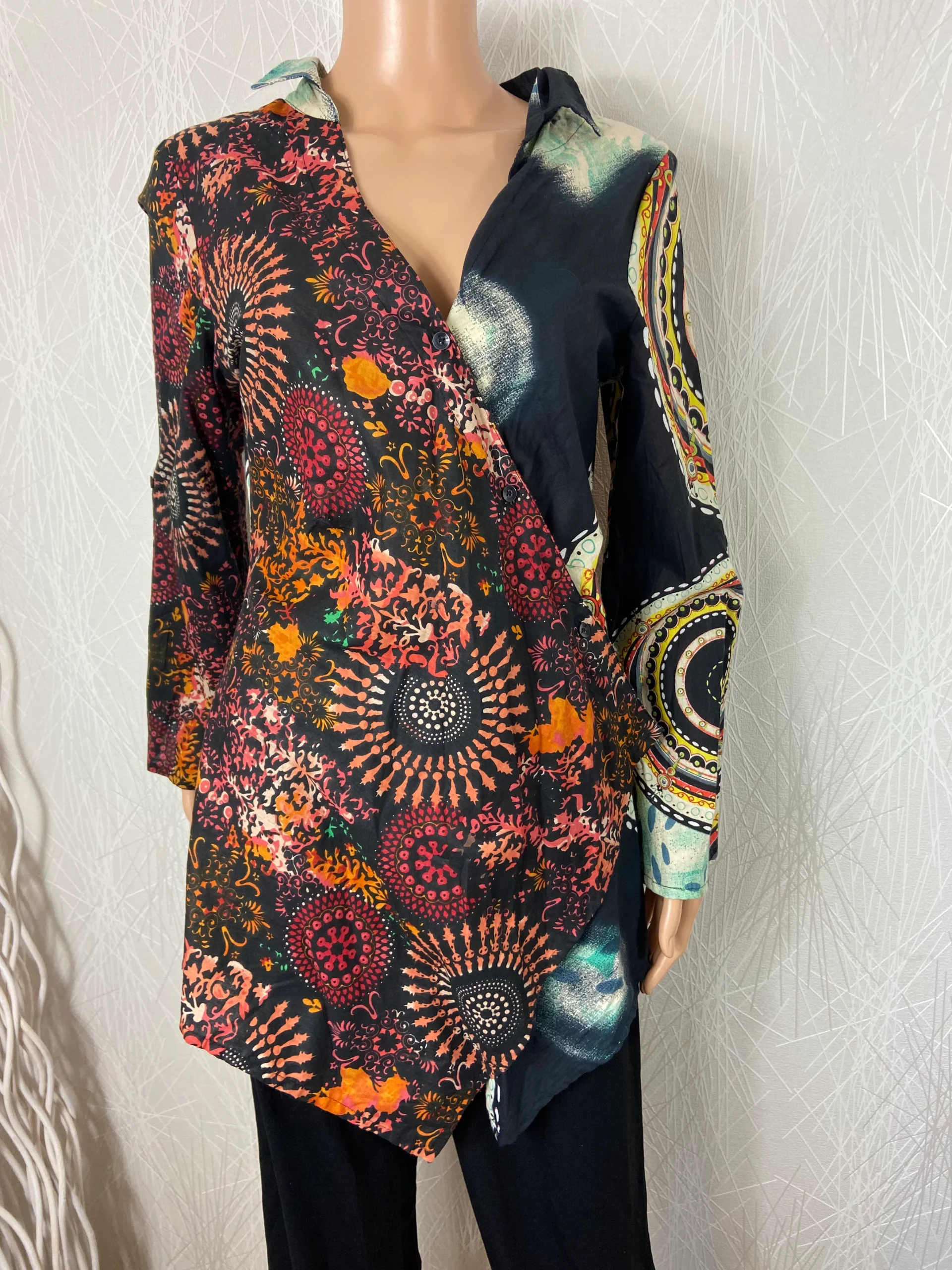 Chemisier coton multicolore de style portefeuille manches retroussables Aller Simplement