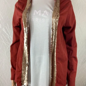 Gilet femme coton brun rouille sequins dorés coupe ample New Line