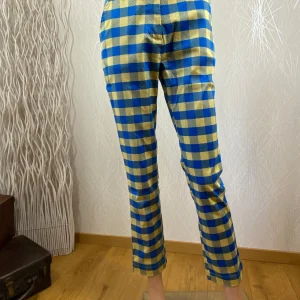 Pantalon coupe droite à carreaux bleu et jaune Zilch