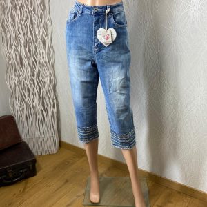 Pantacourt tissu denim jean's sequins perles taille haute confortable Monday Premium