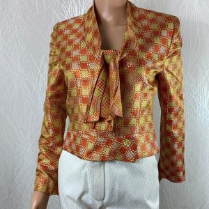 Blazer de créateur doublé en soie motifs carreaux tons orangés Tabala Paris