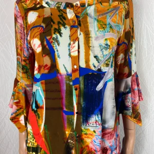 Blouse manches longues à imprimé artistique Bleu d'Azur