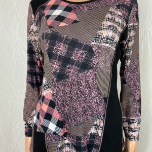 Top rose et noir manches longues jersey motifs géométriques Guy Dubouis
