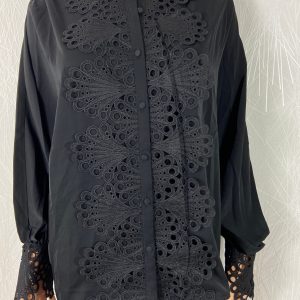 Chemisier noir coupe ample col officier avec dentelle Unika