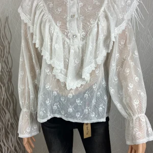 Chemisier blanc transparent dentelle volants manches longues Sense