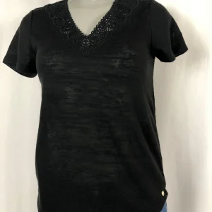 T-shirt noir coupe droite effet lin broderie anglaise Deeluxe