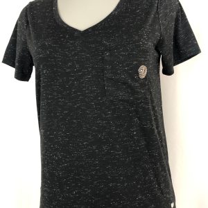 T-shirt noir manches courtes tissu chiné broderie perles tête de mort Deeluxe