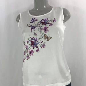 T-shirt blanc satiné sans manches avec motif fleurs Escorpion