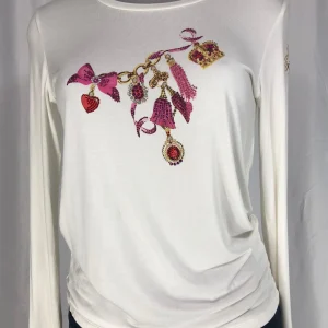 T-shirt blanc style baroque imprimé fleurs manches longues strass perles Fuego
