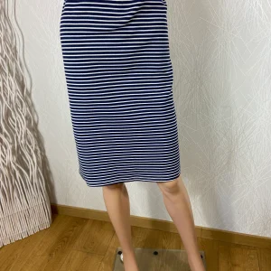 Jupe midi bleu marine à rayures blanche taille haute élastique grande taille Edmond Boublil