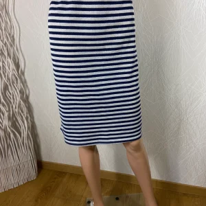 Jupe midi coton gris argenté rayures bleu marine taille haute élastique Edmond Boublil