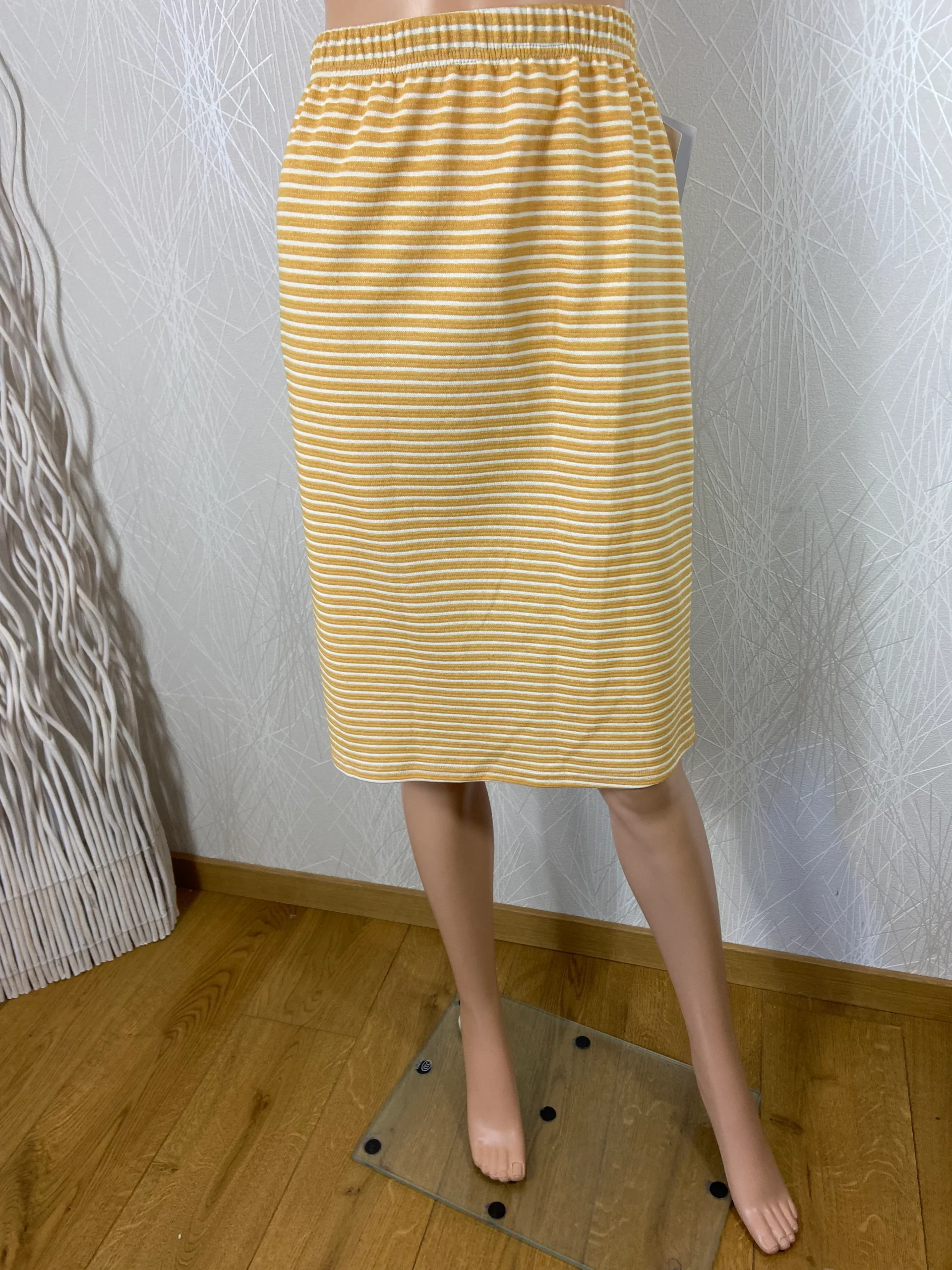 Jupe midi coton jaune orange rayures beige taille haute élastique Edmond Boublil