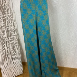 Pantalon bleu turquoise fluide ample motifs dorés taille élastique Zilch
