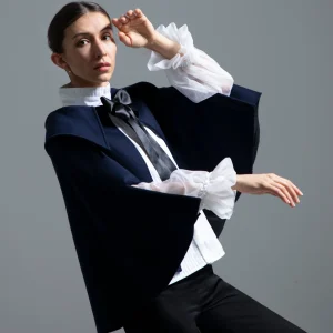 ONDINE - Cape bleu nuit en laine et soie