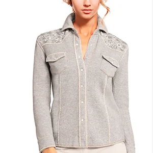 WOMEN'S 100% CASHMERE HAND-EMBROIDERED OVERSTITCHED SNAP SHIRT. D-25031/70ML