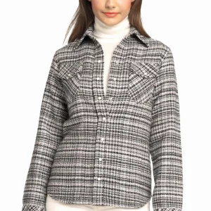 WOMEN'S 100% CASHMERE BLACK & WHITE FITTED WOVEN SHIRT. D-24067/70MLPIC