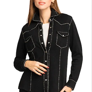 WOMEN'S 100% CASHMERE OVERSTITCHED SNAP SHIRT. D-2019/70ML P