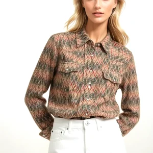 WOMEN'S 100% CASHMERE OVERSTITCHED ZIGZAG SHIRT. D-26513/70ML