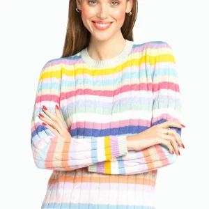 WOMEN’S 100% CASHMERE STRIPED CABLE CREW. D-25518/20ML