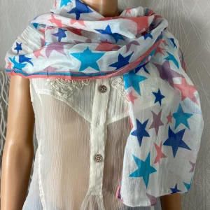 Foulard blanc en coton avec étoiles multicolore