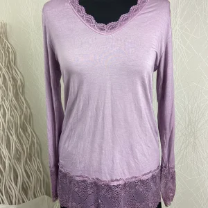 T-shirt dentelle manches longues col V rose - Taille Unique