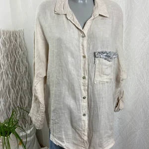 Chemisier asymétrique manches longues retroussables 100% lin Angelina - Taille Unique